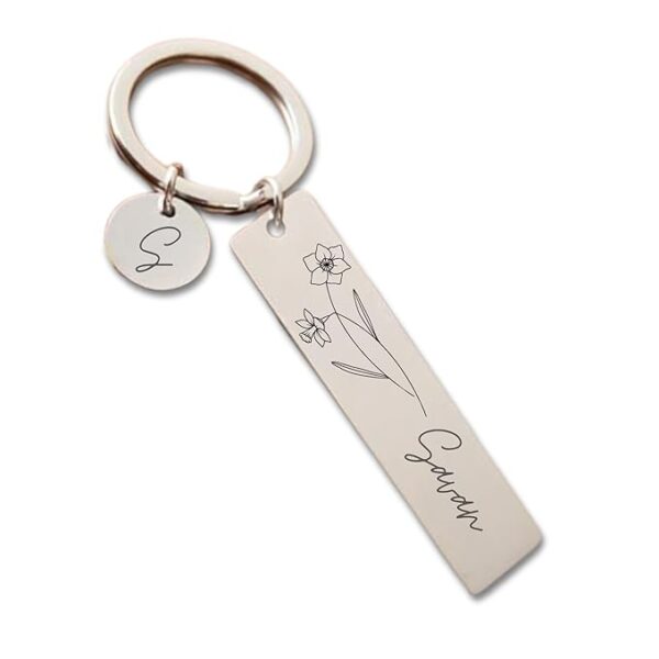 Pijera Personalized Double-Sided Stainless Steel Keychain, Custom Name and Birth Flower Engraving, Initial Charm, Silver